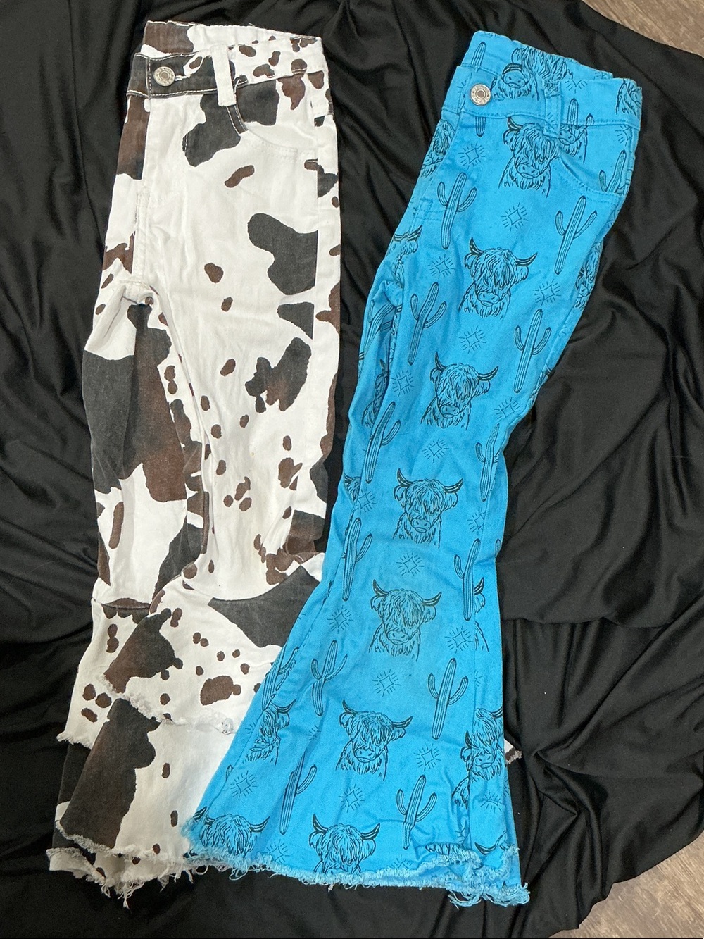 Kids Cow Print & Turquoise Western Flare Pants - Set of 2